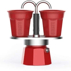 Bialetti Mini Express Color: Moka Set Includes Coffee Maker 2-Cup (2.8 Oz) + 2 Glasses, Red, Aluminium