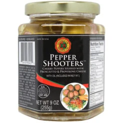 Daniele Peppers Shooters, Cherry Peppers Stuffed With Prosciutto & Provolone, 9 Oz | 255g